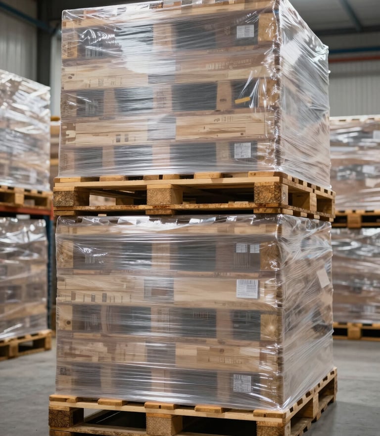 Straight-on architectural shot of neatly stacked, shrink-wrapped pallets in a bright, clean modern UK warehouse with high-key industrial lighting