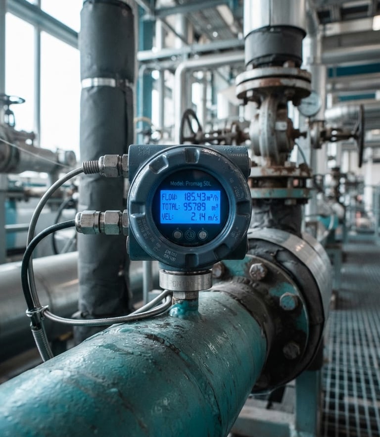 Close-up of a digital electromagnetic flowmeter installed on an industrial pipe, blue LED telemetry screen glowing, bright daylight, crisp technical focus.