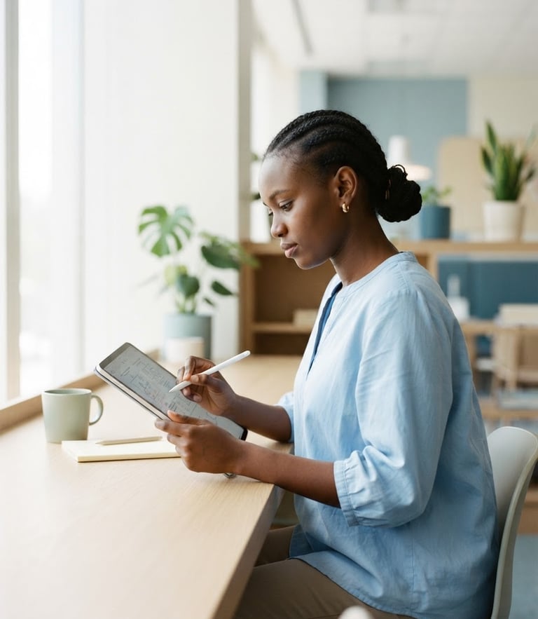 A clean editorial photograph of a Sudanese student studying with a tablet in bright natural daylight, minimalist composition, soft blue and green accents, high-key lighting, 35mm