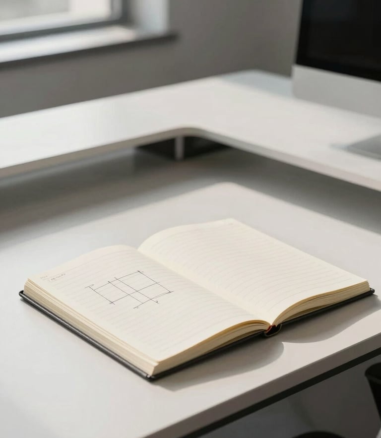 Minimalist modern office desk with clean architectural lines, structured notebook with diagrams, soft natural daylight, professional executive atmosphere