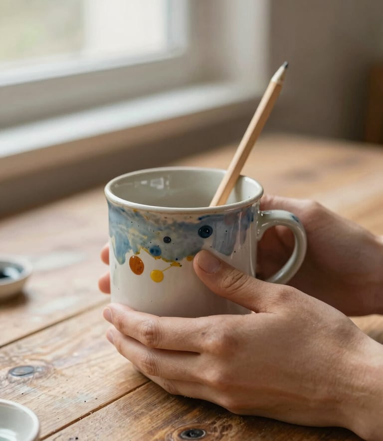Close-up of hands holding a paint-stained ceramic mug and a natural wood pencil on a rustic table, soft side window light, warm editorial photography
