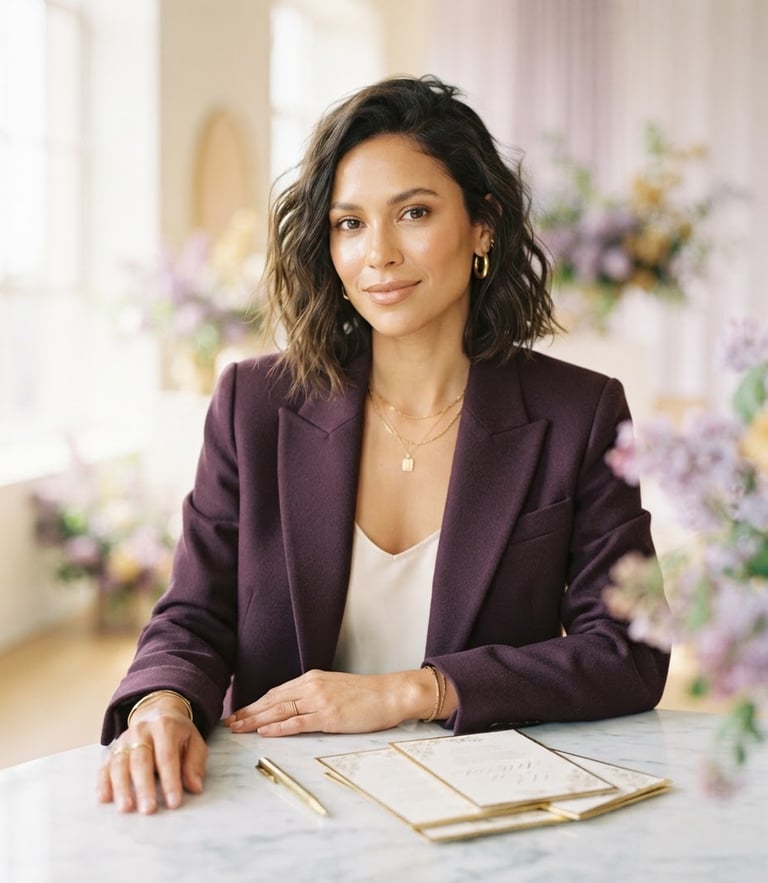 Ethereal editorial portrait of a confident woman in a structured plum blazer, soft lilac light, gold-rimmed cards resting on a marble table, shallow depth of field.