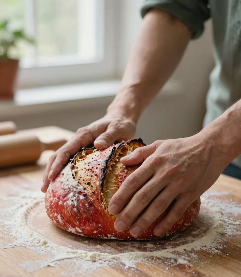 A close-up of hands kneading sourdough on a floured wooden table under soft morning window light, shallow depth of field
