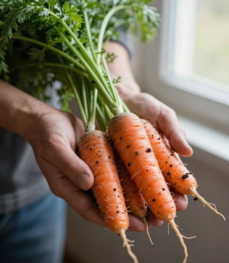 Close-up of a farmer's hands holding freshly harvested heirloom carrots with rich soil, soft morning overcast light, shallow depth of field.