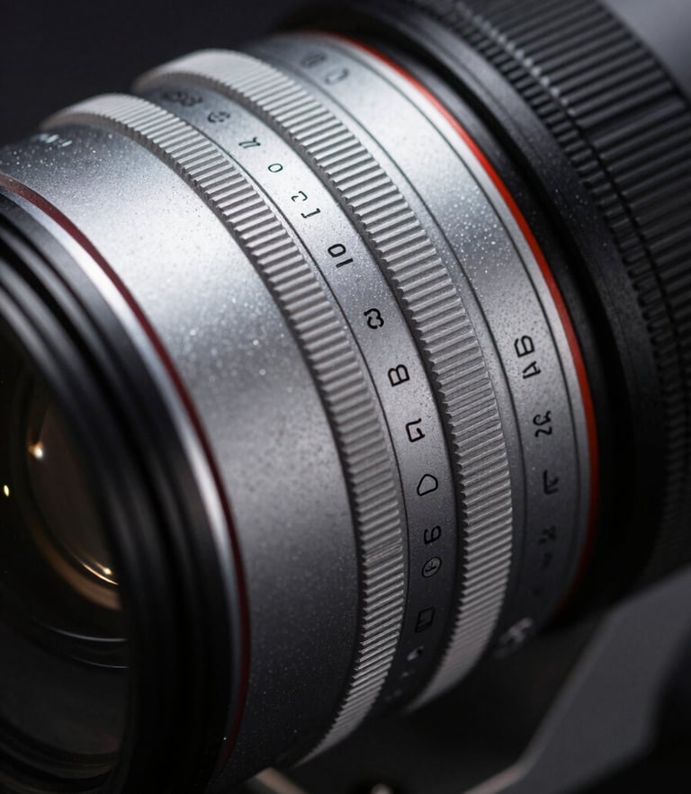 Extreme macro close-up of a high-end cinema lens, cool silver highlights, deep shadows, dramatic low-key studio lighting, technical precision.