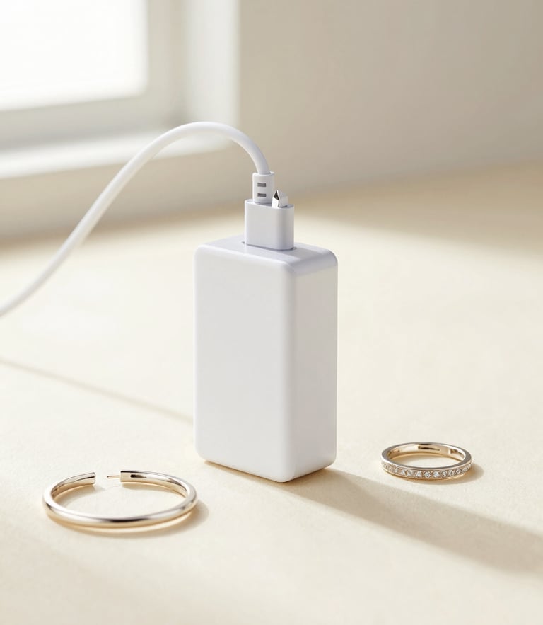 Bright high-key product photography of a minimalist computer adapter and premium jewelry on a warm cream surface, soft natural light, 50mm lens, vertical portrait framing