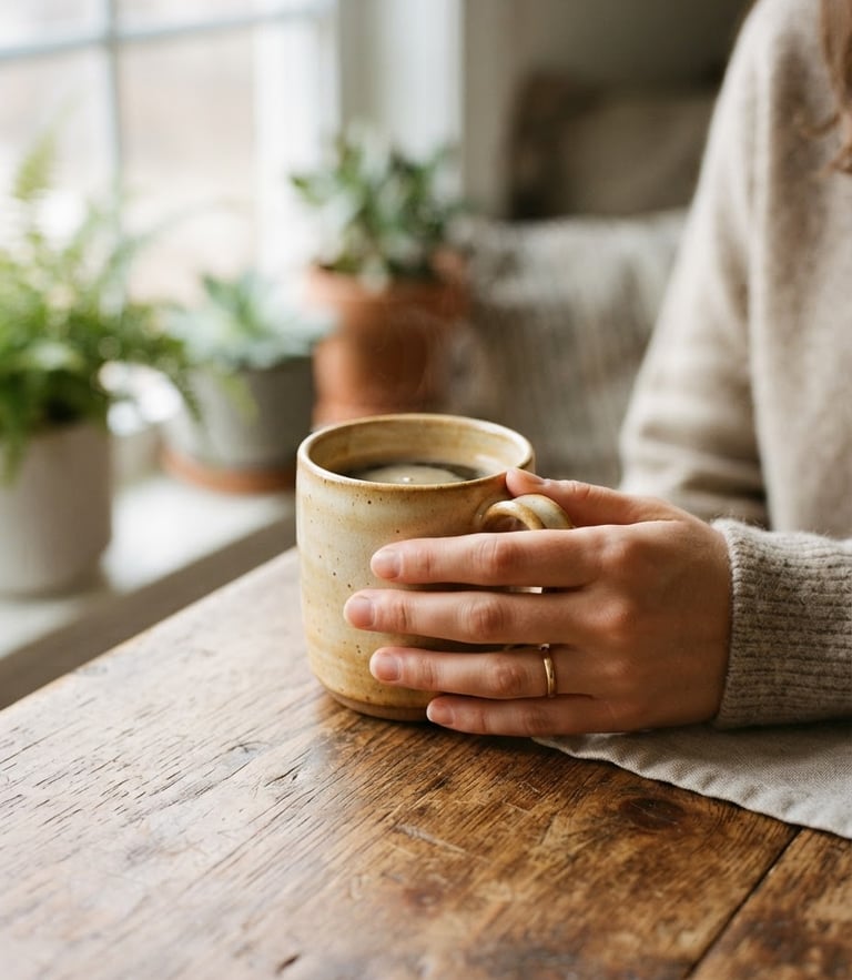 A close-up of a hand holding a warm ceramic mug on a natural wooden table, soft morning window light casting gentle shadows, warm 35mm film aesthetic