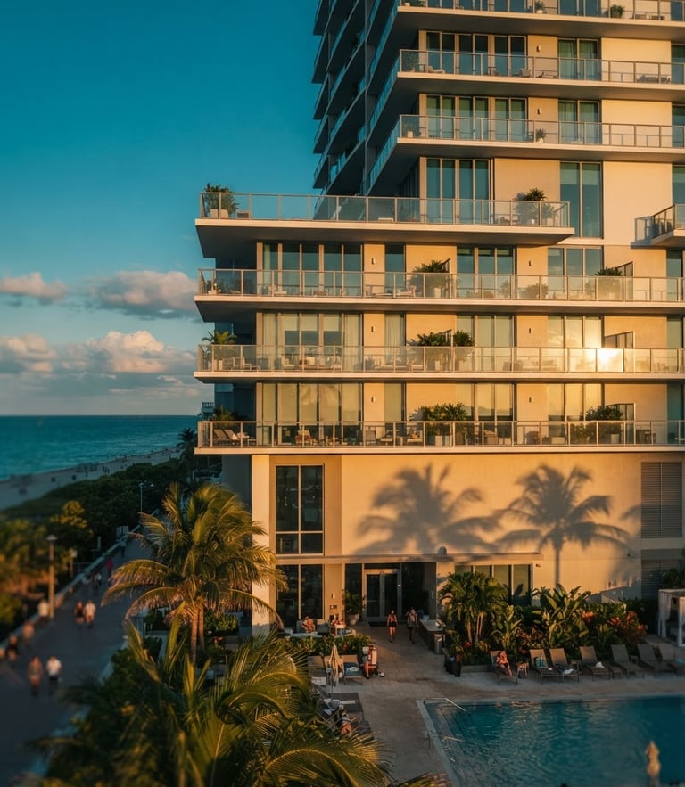 Golden hour sun-drenched modern Miami luxury condominium facade with clean lines and glass balconies, palm shadows.