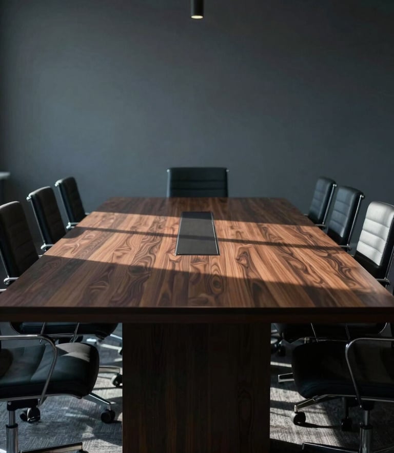 Wide environmental shot of an empty, high-end boardroom table, sharp shadows, cool low-key lighting.