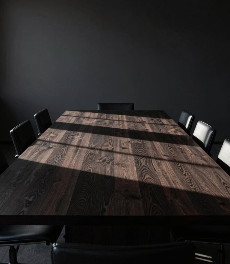 Low-key, dramatic side-lighting on a long, empty dark oak boardroom table with sharp geometric shadows, high-end minimalist interior, wide environmental shot.