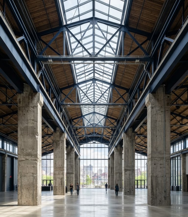 Wide environmental shot of exposed concrete columns and steel trusses under bright natural daylight, sharp focus, architectural photography