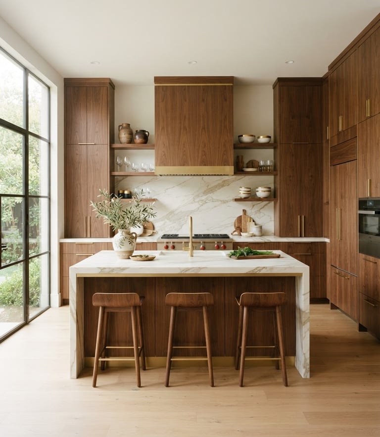 Straight-on architectural shot of a luxury modern kitchen with walnut wood cabinetry, gold accents, soft natural window light, 35mm