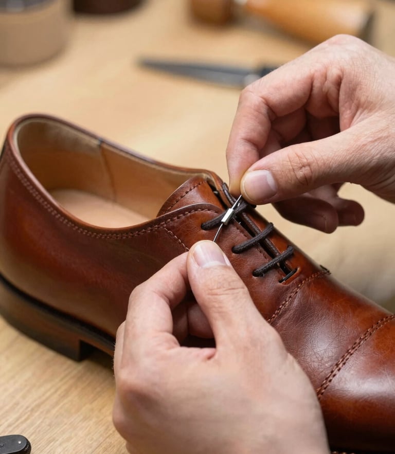 Close-up of hands stitching leather on a classic shoe in a workshop, warm natural light, rich leather tones, authentic craft