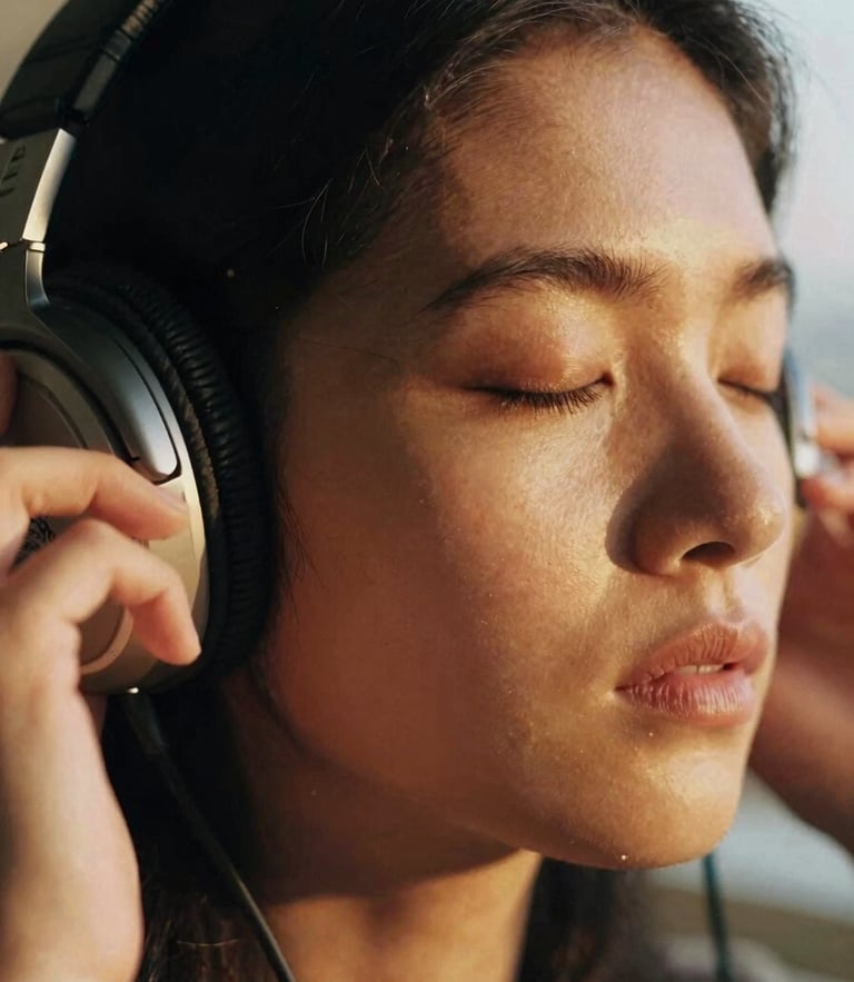 Close-up of a person listening to headphones with closed eyes, soft golden-hour light illuminating their face, rich emotional tones, shallow depth of field, 35mm film grain