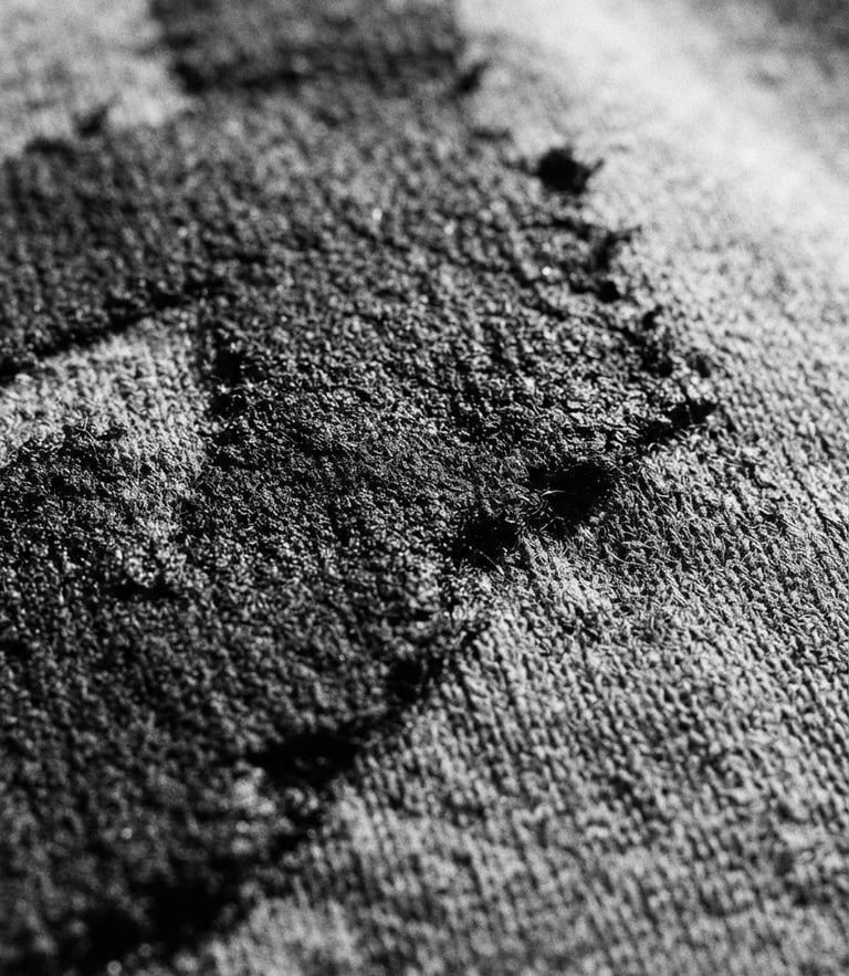 Extreme close-up of raw black ink texture on heavy grey cotton fabric, harsh direct sunlight casting sharp shadows, 35mm film grain