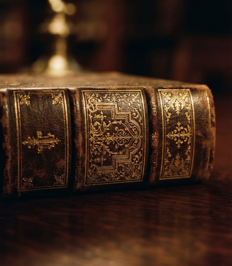 Macro close-up of a gold-embossed leather book spine resting on a dark mahogany table, warm low-key lighting, shallow depth of field