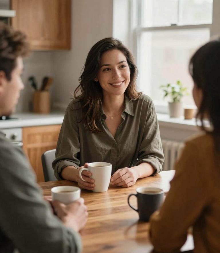 A local advisor sitting at a warm wooden kitchen table with a client, soft morning window light, coffee mugs, shallow depth of field, 35mm
