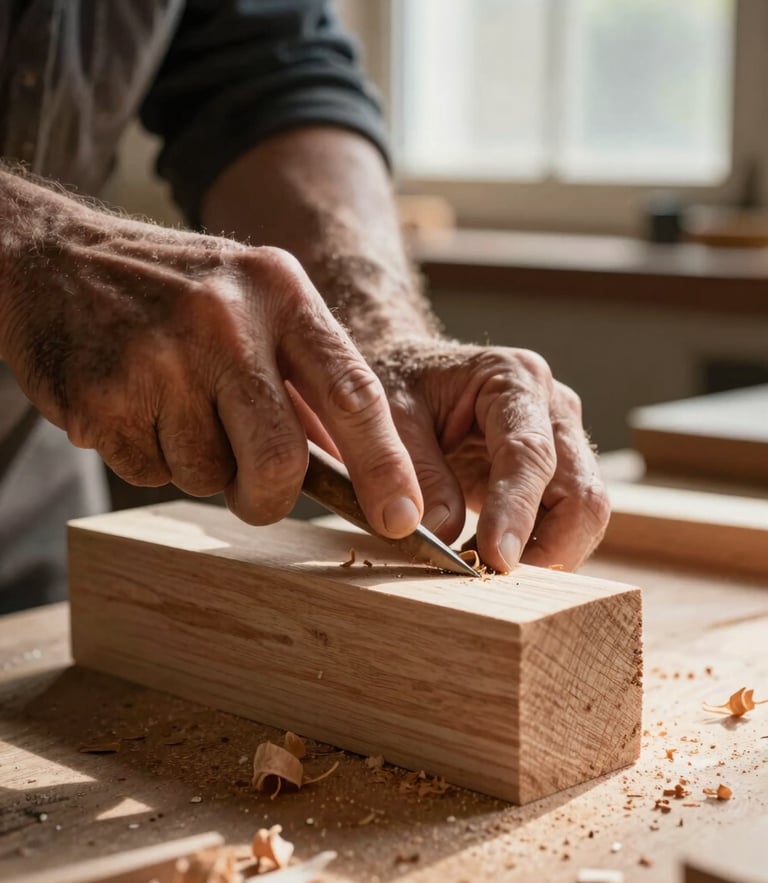 Detailed close-up of a craftsman's weathered hands carving a block of cedar wood, soft natural sunlight streaming through a workshop window, wood shavings visible on the workbench, warm organic tones.