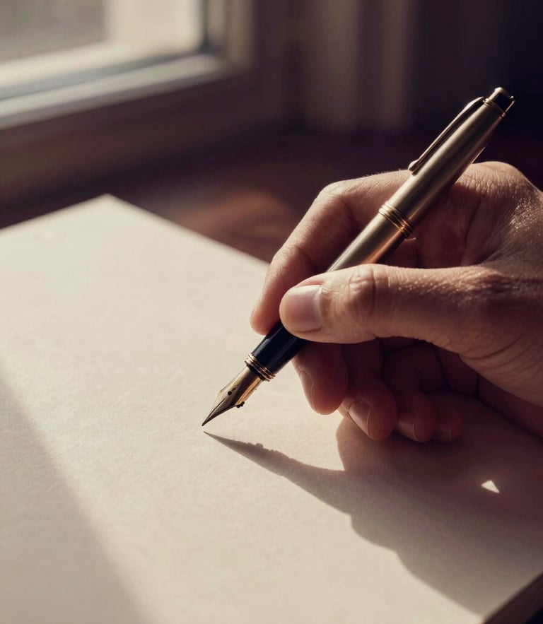 An elegant close-up of a hand holding a vintage fountain pen over thick cream paper, warm dramatic window light casting soft shadows, deep plum and champagne gold tones, 35mm.
