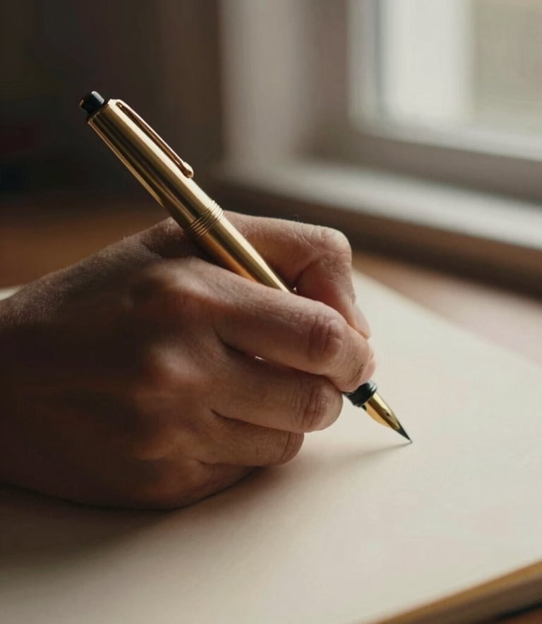 A close-up of a hand with deep skin tones writing with a gold fountain pen on heavy cream paper, warm dramatic window light, shallow depth of field.