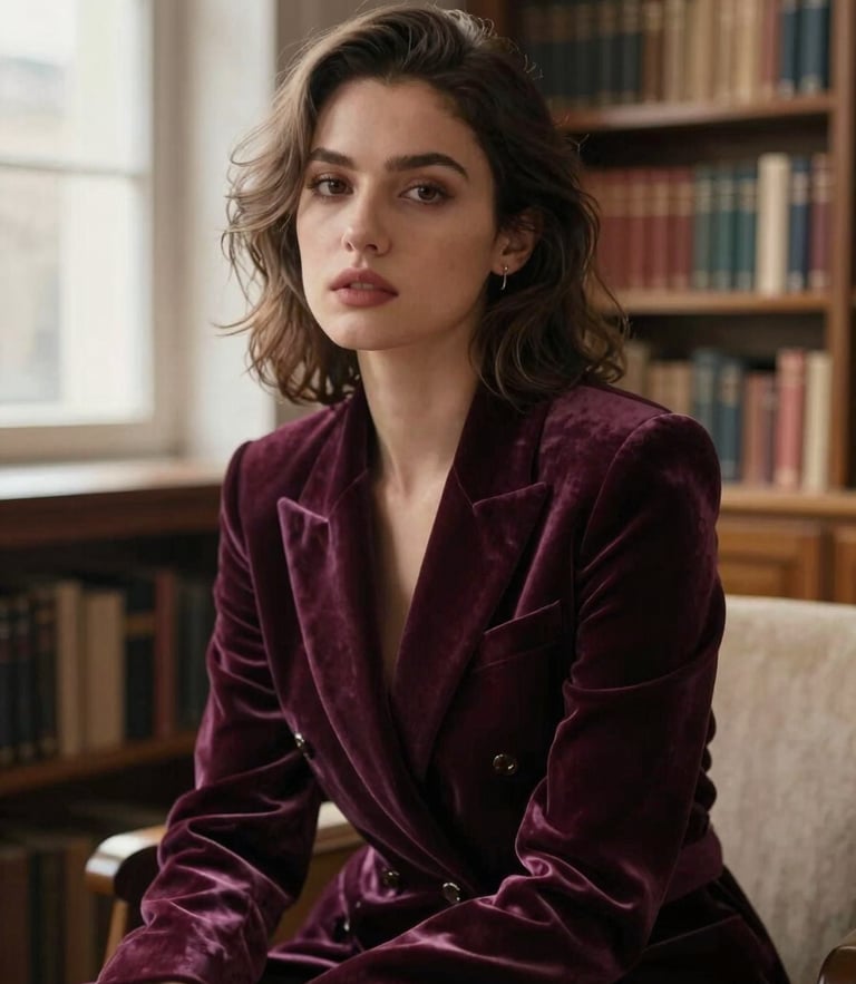 A moody, elegant portrait of a woman in a rich plum velvet blazer, sitting in a warm, low-key lit library with book-lined shelves in the background, shallow depth of field, 35mm.