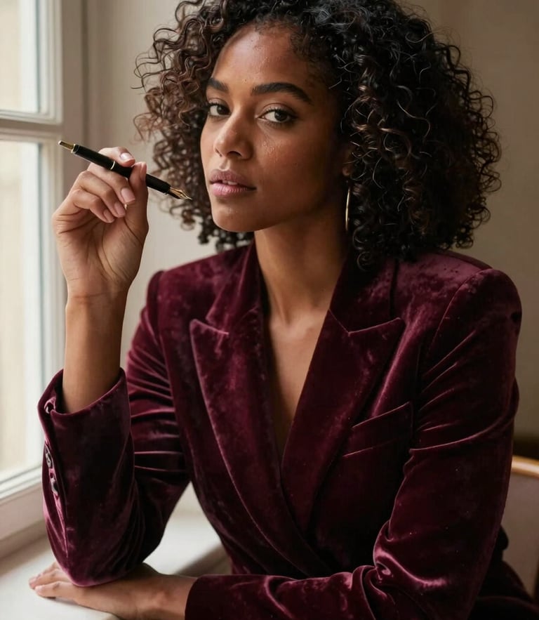 A moody, warm editorial portrait of a woman of color author in a rich plum velvet blazer, sitting by a window with soft, low-key dramatic light, holding a fountain pen, 35mm photography.