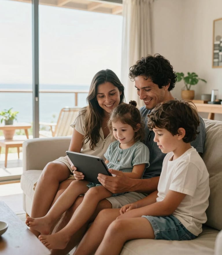 Bright lifestyle photography of a family in Portovelo sitting in their living room, smiling while streaming on a tablet, warm natural light, 35mm