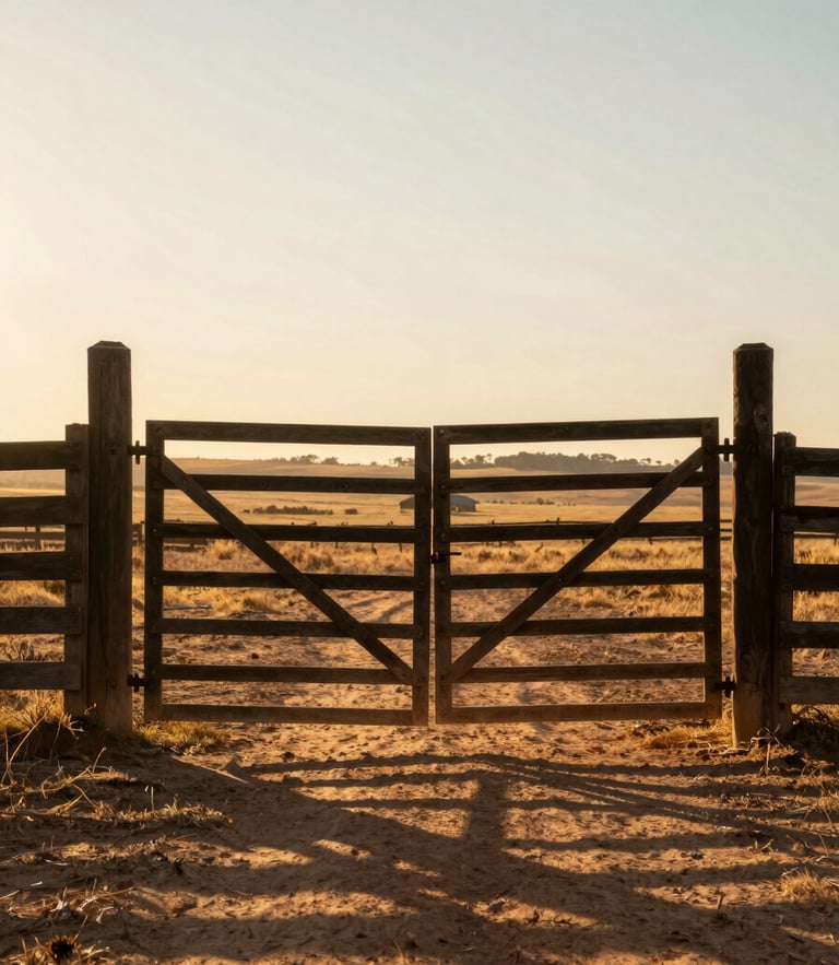 Wide environmental shot of a traditional wooden Pampa ranch gate open, golden hour light casting long shadows on the dry earth, vast flat horizon of Alegrete in the background.