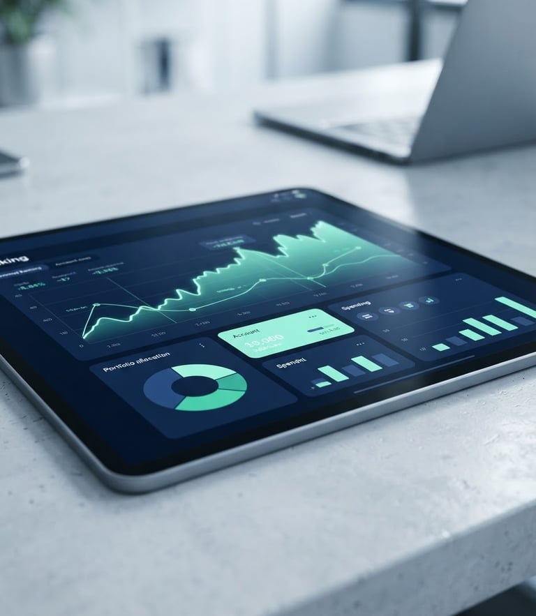 Macro shot of a sleek digital banking interface on a tablet, bright cool studio lighting, mint green and deep navy highlights, sharp focus, 35mm