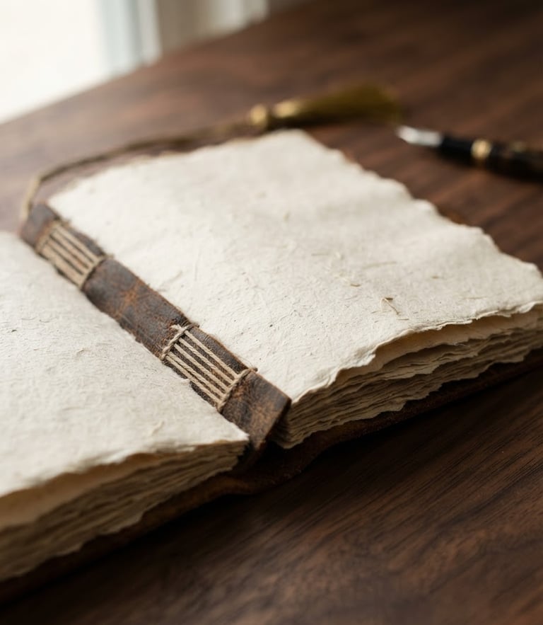 Macro photograph of a hand-bound book resting on a dark walnut desk, soft diffused window light casting gentle shadows on the paper texture.