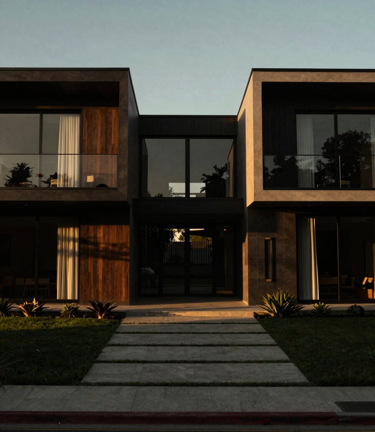 Symmetrical architectural elevation of a modern luxury Chilean villa at golden hour, deep shadows, high-contrast dark tones, 35mm editorial photography