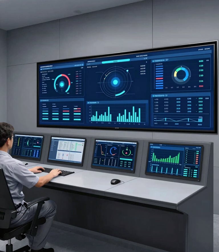 Crisp architectural photography of a modern building management control room, where an engineer monitors real-time energy dashboards on a screen, cool blue tones, 35mm