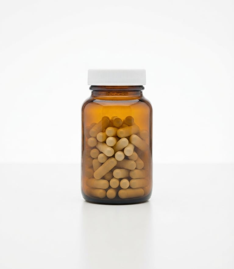 Centered straight-on shot of a single amber glass bottle containing clinical capsules, resting on a stark white clinical laboratory bench under bright studio lighting, sharp focus, 85mm