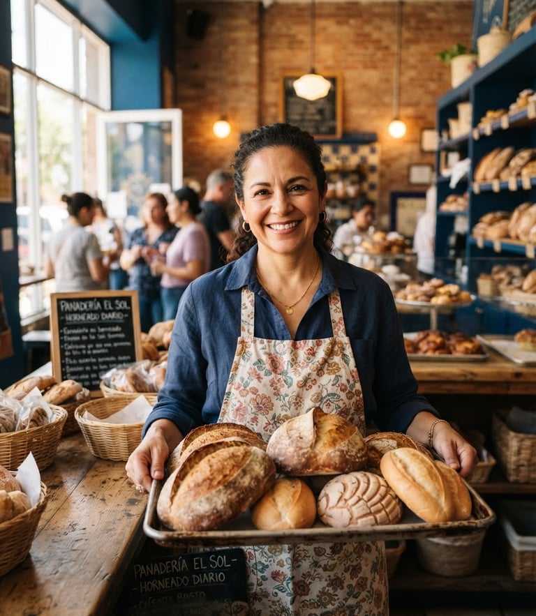 Approachable portrait of a proud Latina bakery owner in her sunlit shop, holding a tray of fresh bread, warm editorial photography, natural daylight, shallow depth of field