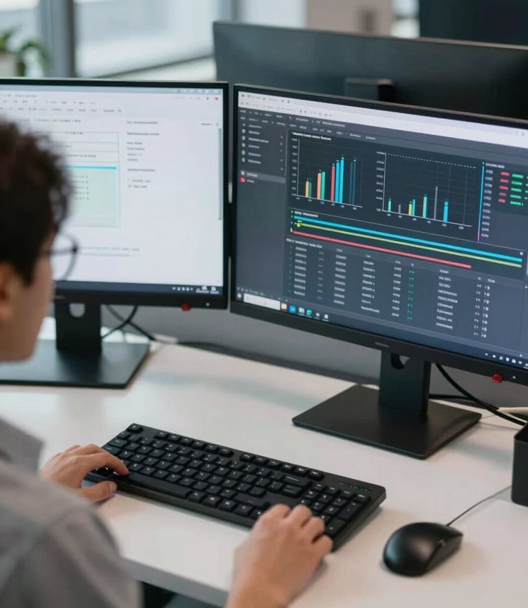 Over-the-shoulder shot of a clean, modern workstation, dual monitors displaying blurred analytical charts, cool natural office light reflecting off glass surfaces, professional tech environment.