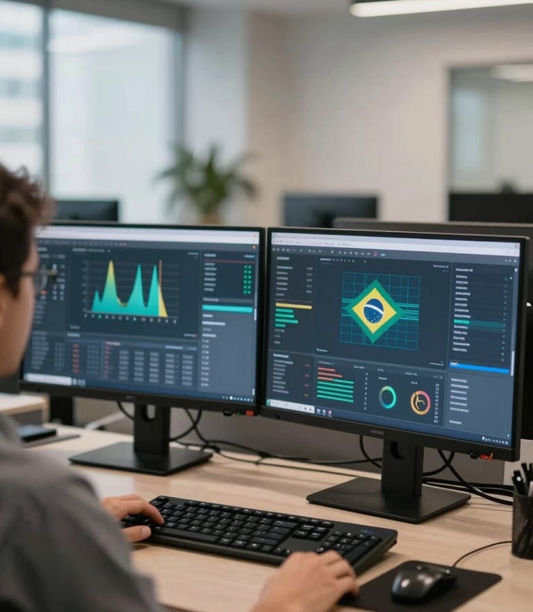 Over-the-shoulder shot of a clean, modern corporate workspace in Brazil, dual monitors showing abstract data visualizations blurred for privacy, cool natural office lighting.