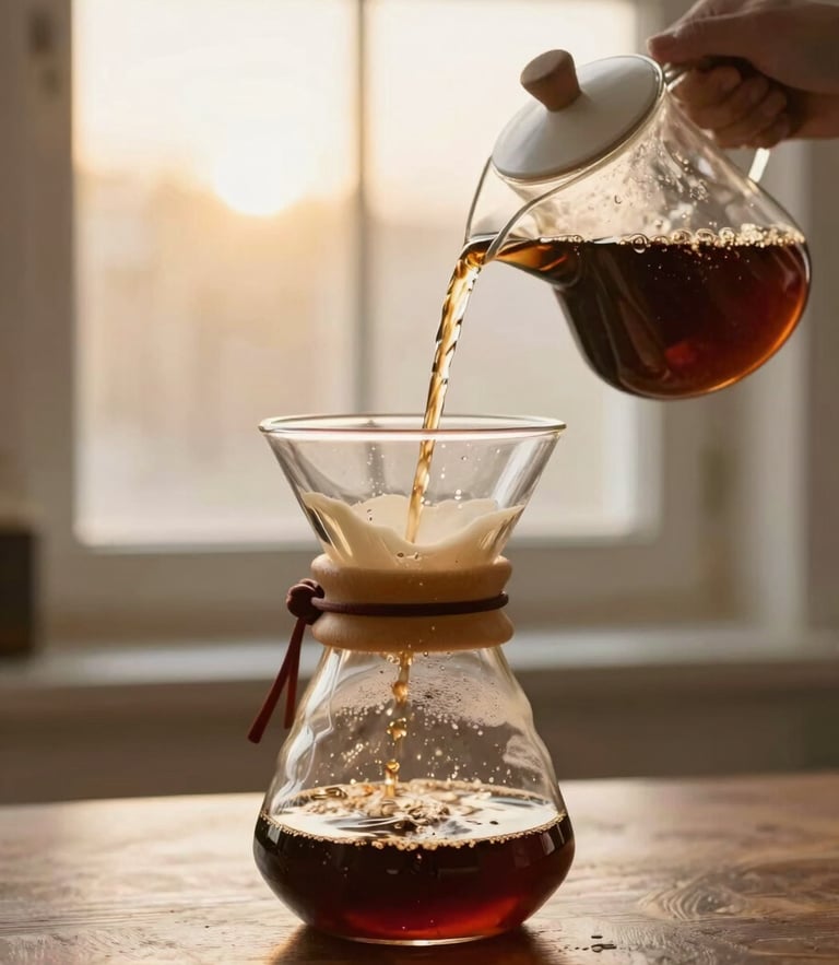 Warm editorial photography of a hand pouring hot water over a glass Chemex brewer, soft golden-hour window light, rich coffee and cream tones, shallow depth of field, 35mm