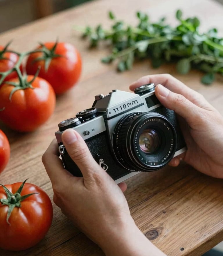 Soft natural morning daylight illuminating hands holding a vintage camera over a rustic wooden table styled with raw heirloom tomatoes and fresh herbs, 35mm photography.