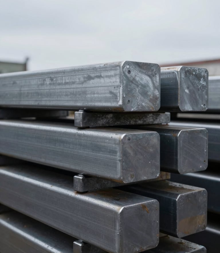 Macro shot of raw industrial steel ingots stacked in absolute order, cool overcast daylight, extreme close-up of metal textures.