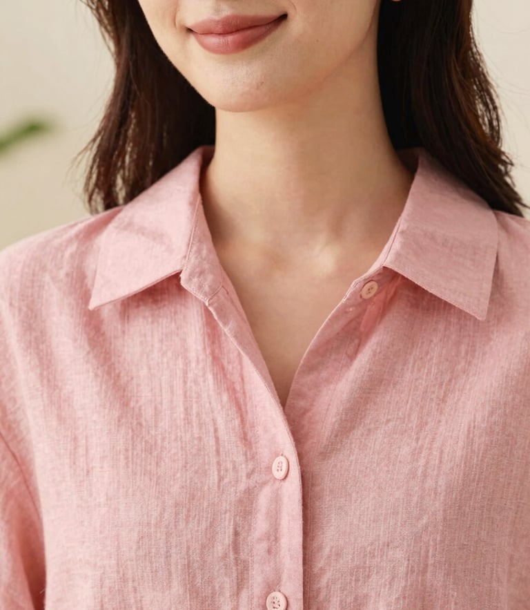 Close-up portrait of a smiling woman wearing delicate gold earrings and a rose pink linen shirt, soft natural daylight, warm editorial photography