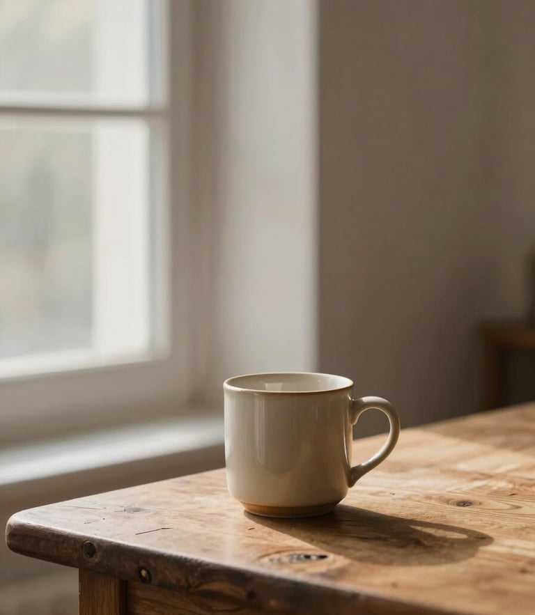 Diffused soft morning light streaming through a window onto a single warm ceramic mug on a rustic wooden table, minimalist composition with generous negative space on the right, calm and quiet atmosphere.