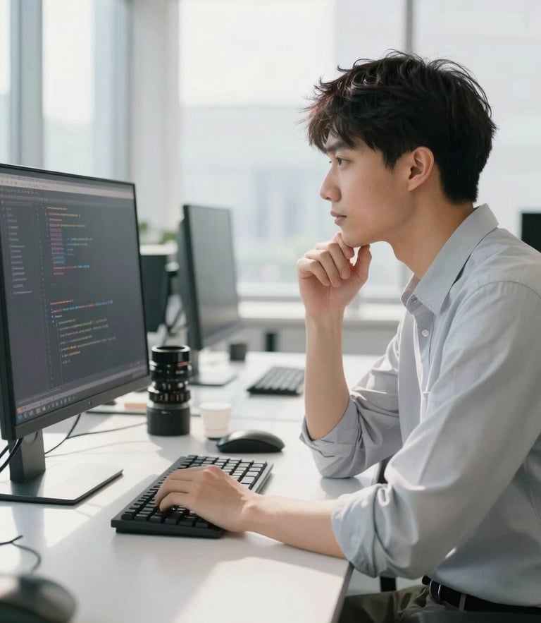 A professional IT engineer in a bright, daylight-filled modern workspace, looking thoughtfully at a clean monitor displaying code, 35mm lens, soft shadows.