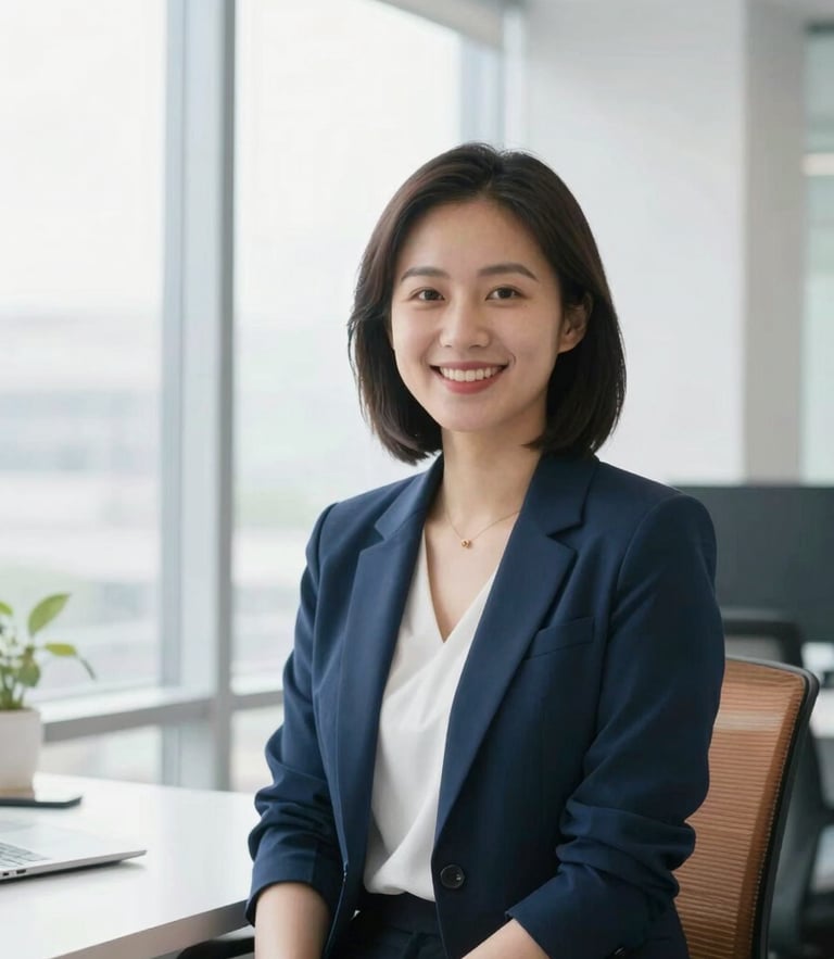 Environmental portrait of a female technical strategist in a bright, clean modern workspace, smiling naturally, soft window lighting, 35mm.