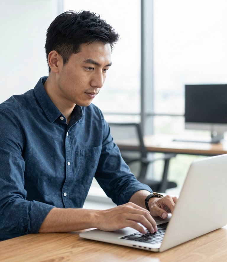 Environmental portrait of a male copywriter typing on a laptop in a high-key office with warm wood accents, natural lighting, shallow depth of field.