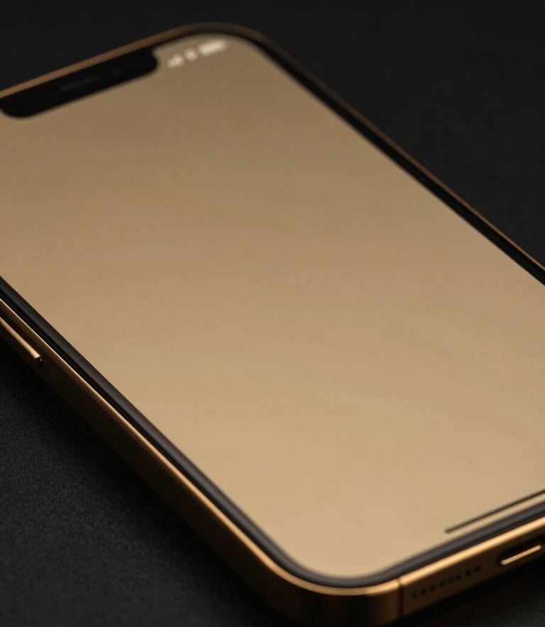 A close-up of a high-end mobile device displaying a secure gold interface, sharp gold rim lights, deep shadows, obsidian black background.