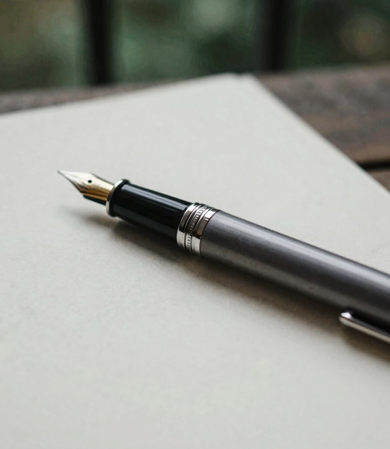 Close-up of a classic fountain pen resting on heavy cream paper stock, soft natural London daylight, desaturated forest green tones, 35mm film grain.
