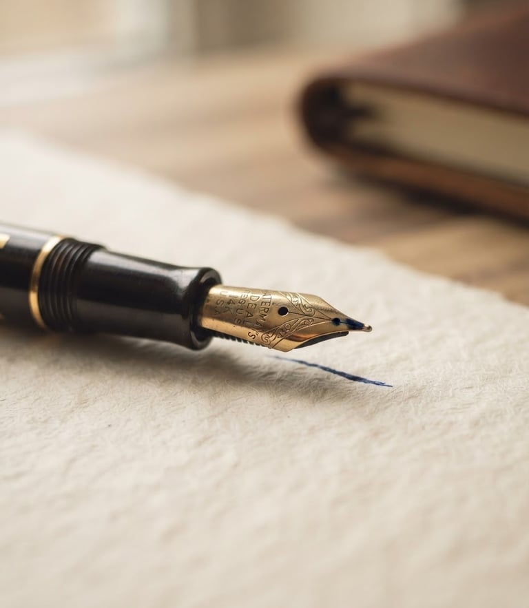 Macro close-up of a classic fountain pen nib resting on heavy textured cream paper, soft indirect window light, shallow depth of field
