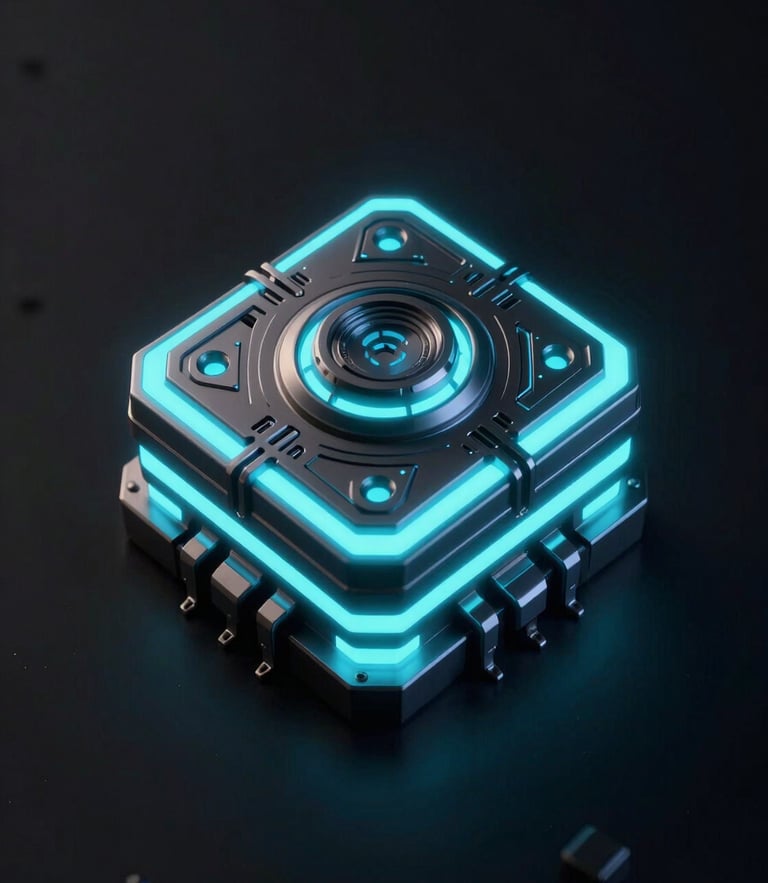 Cinematic 3D render of a glowing neon-cyan cybernetic node, high-contrast studio lighting, deep obsidian background, ultra-detailed macro lens