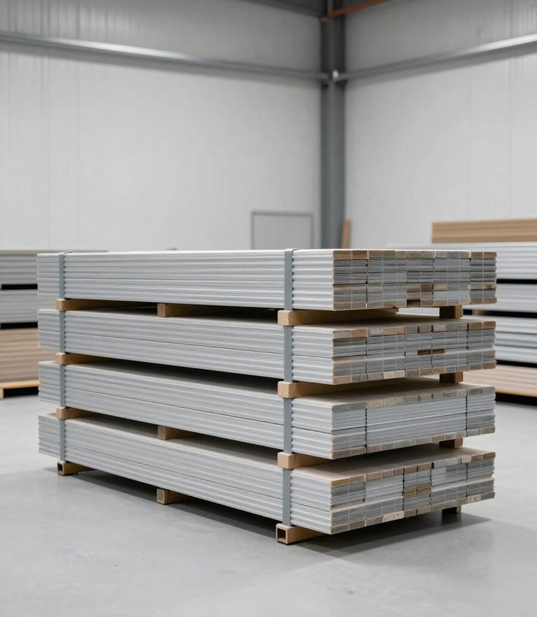 Industrial warehouse interior with stacked heavy-duty materials, bright neutral studio lighting, sharp focus, 50mm lens