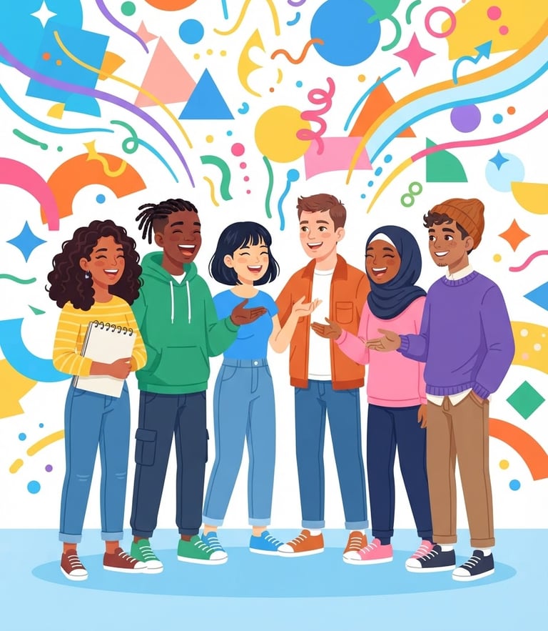 Bright flat vector illustration of diverse teenagers standing together, chatting and laughing, surrounded by friendly geometric shapes and colorful abstract lines representing ideas, high-key vibrant color palette, modern graphic style.